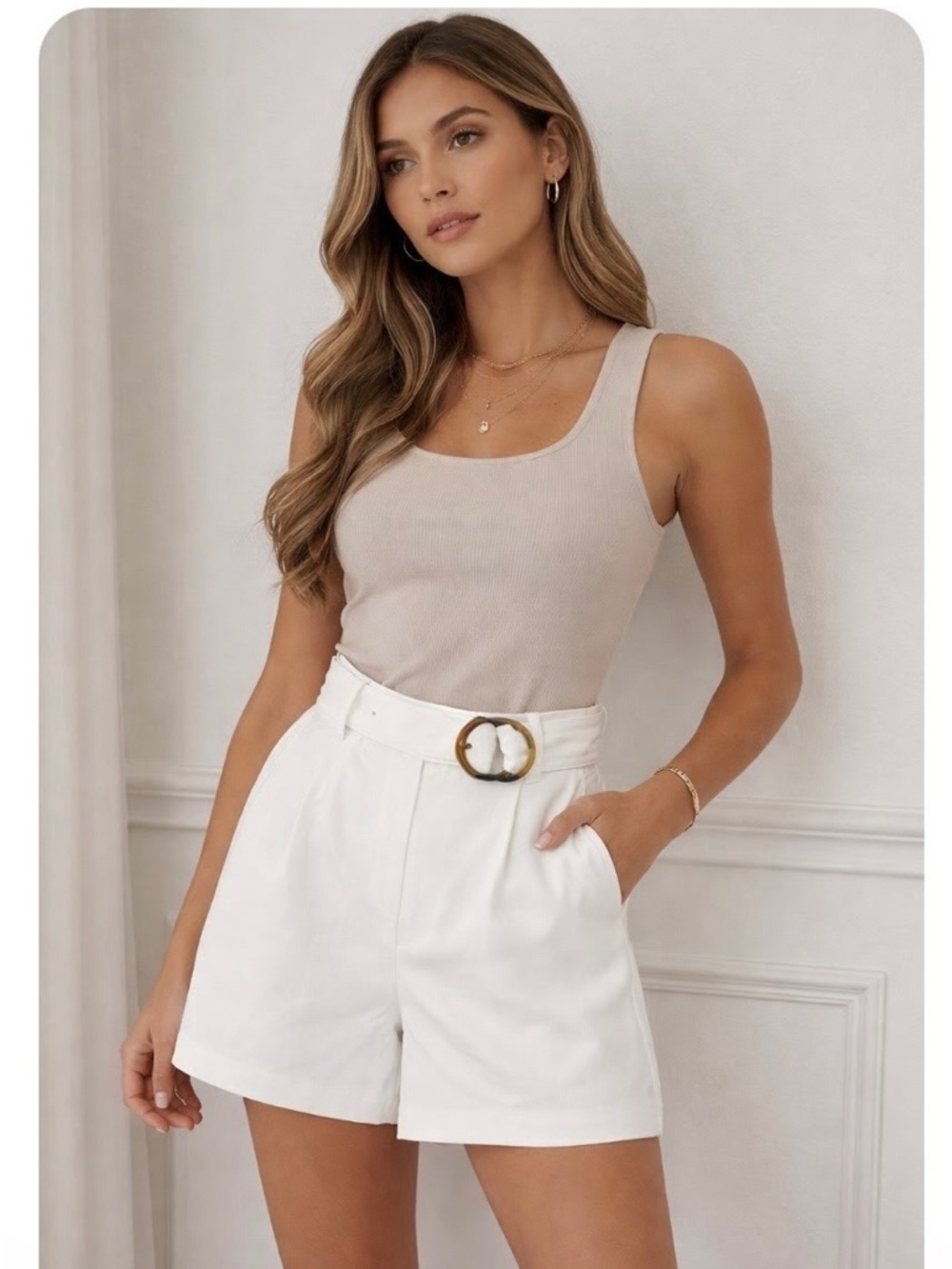 a loves a High Waist Off White Lined Shorts With Belt